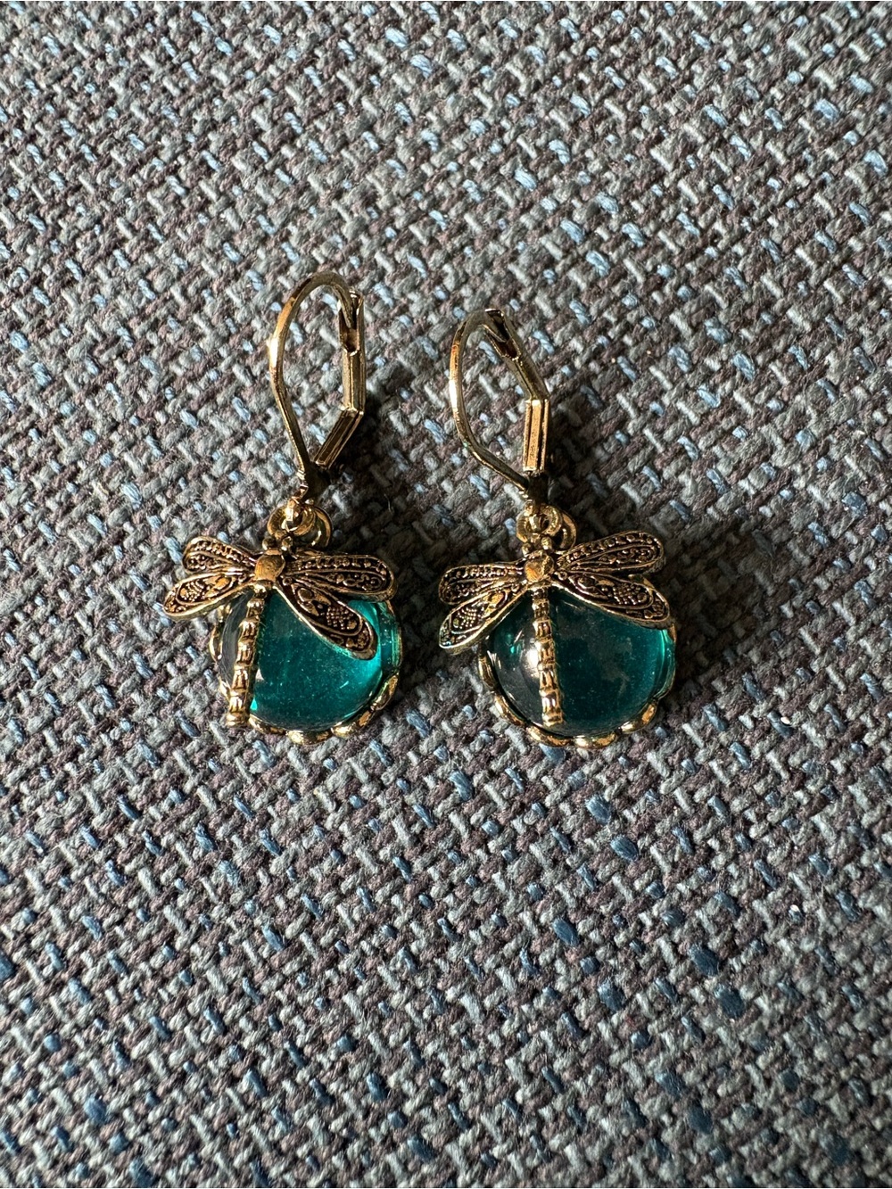 Gold Dragonfly Teal Glass Drop Earrings - Women Jewelry